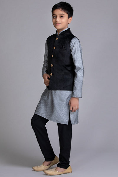 Grey and Black Children Kurta Pajama Waistcoat Suit Set - Asian Party Wear