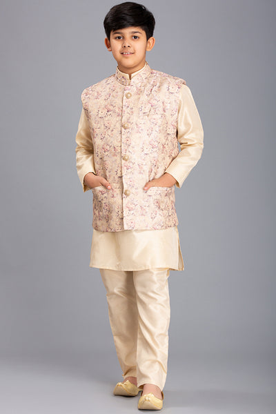 Cream and Gold Nehru Jacket, Kurta and Pajama Boys Wear Eid Suit - Asian Party Wear