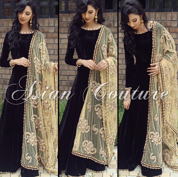 AS-101 BLACK  SEMI STITCHED ANARKALI SUIT WITH EMBROIDERED DUPATTA (3weeks delivery) - Asian Party Wear