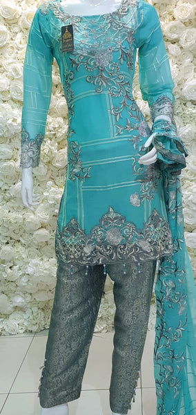 AQUA SEA GREEN READYMADE PAKISTANI CHIFFON DRESS SUIT - Asian Party Wear