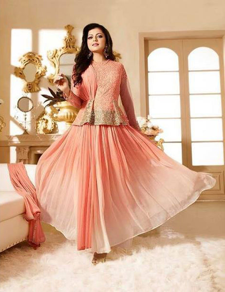 90011 PEACH LT NITYA PARTY WEAR ANARKALI SUIT - Asian Party Wear