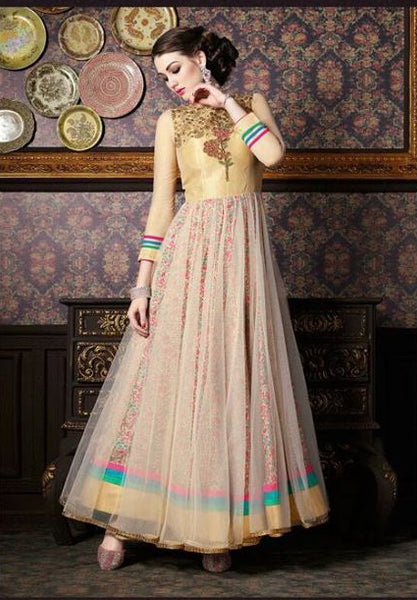 4709 BEIGE AND YELLOW CHENAB DESIGNER EMBROIDRED NET ANARKALI SUIT - Asian Party Wear