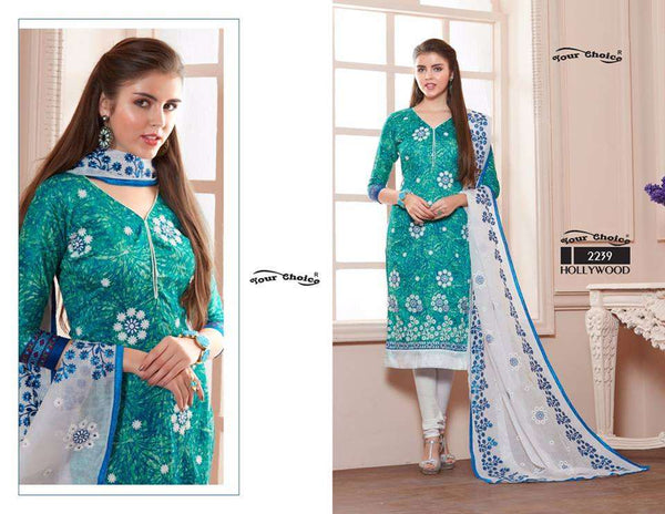 2239 TEAL AND WHITE HOLLYWOOD YOUR CHOICE PRINTED COTTON SALWAR KAMEEZ - Asian Party Wear