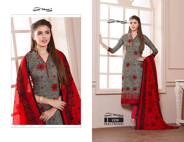 ZYC2238 RED AND GREY HOLLYWOOD YOUR CHOICE PRINTED COTTON SALWAR KAMEEZ - Asian Party Wear
