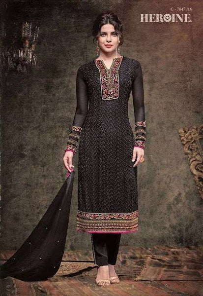 5137 BLACK HEROINE STARLET GEORGETTE STRAIGHT CUT STYLE SEMI STITCHED SUIT - Asian Party Wear