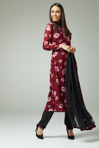 MAROON BLACK FLORAL PRINTED SUMMER STYLISH SALWAR SUIT - Asian Party Wear