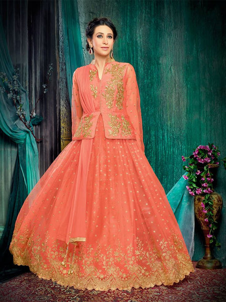 Peach Net Jacket Suit Karishma Kapoor Wedding Anarkali Dress - Asian Party Wear