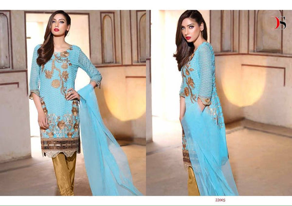 BAROQUE INSPIRED AQUA BLUE GOLD READY MADE DESIGNER SUIT - Asian Party Wear