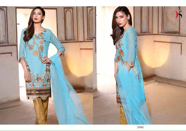 ZDS22001 SKY BLUE AND GOLD BAROQUE 3 BY DEEPSY GEORGETTE READY MADE EMBROIDERED SUIT IN MEDIUM SIZE - Asian Party Wear