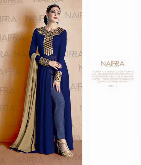 Navy Blue Nakkashi Nairra A Line Trouser Style Suit - Asian Party Wear