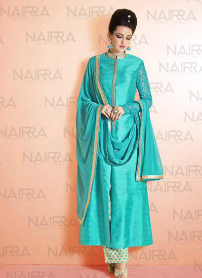 Turquoise Fancy Indian Wedding Suit Designer Party Dress - Asian Party Wear