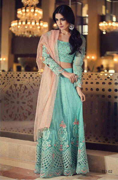 BD-02 Turquoise Maria B BEST SELLER Replica Anarkali Lengha Style Suit - Asian Party Wear