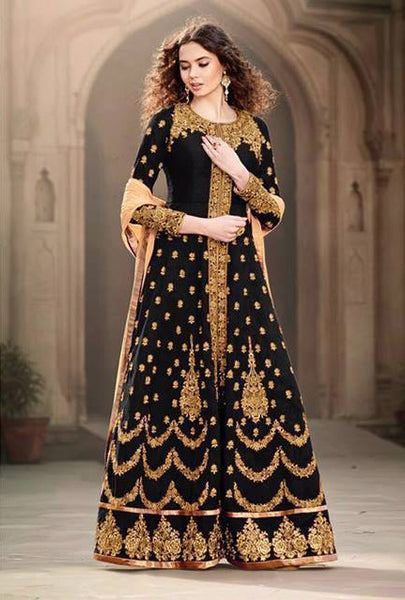 1501-A BLACK GULZAR BANGLORI SILK SEMI STITCHED ANARKALI DRESS - Asian Party Wear