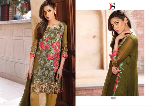 BAROQUE INSPIRED UNSTITCHED MEHNDI GREEN PAKISTANI SUIT - Asian Party Wear