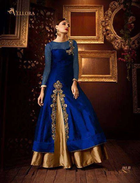 Blue & Gold Silk Wedding Lehenga Party Dress - Asian Party Wear