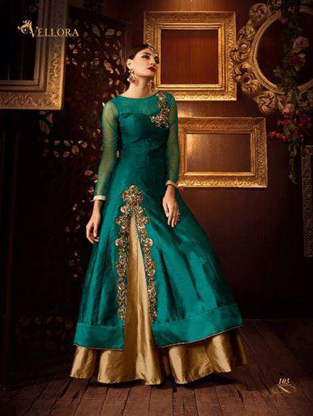 Teal & Gold Silk Lehenga Pakistani Wedding Dress - Asian Party Wear