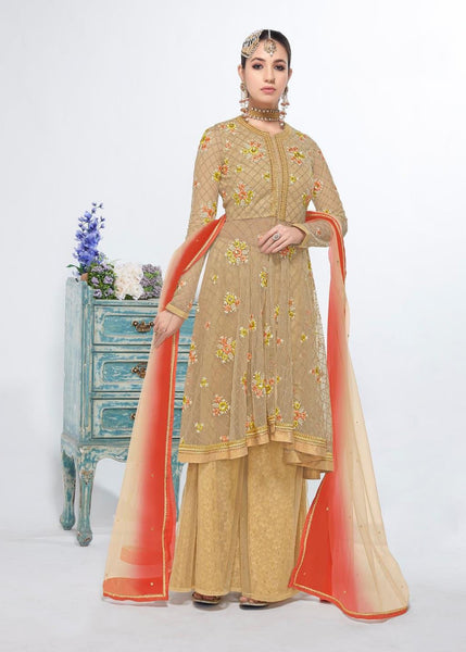 BEIGE INDIAN WEDDING AND PARTY PALAZZO SUIT - Asian Party Wear