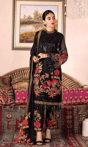 Black Pakistani Designer Semi Stitched Salwar Kameez - Asian Party Wear