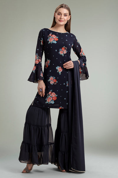 NAVY BLUE FLORAL PRINTED GHARARA SUIT - Asian Party Wear