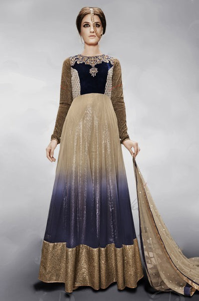 NK11013 - Gold and Blue FALL OF CHARM by Nakkashi Designer Wear Dress - Asian Party Wear