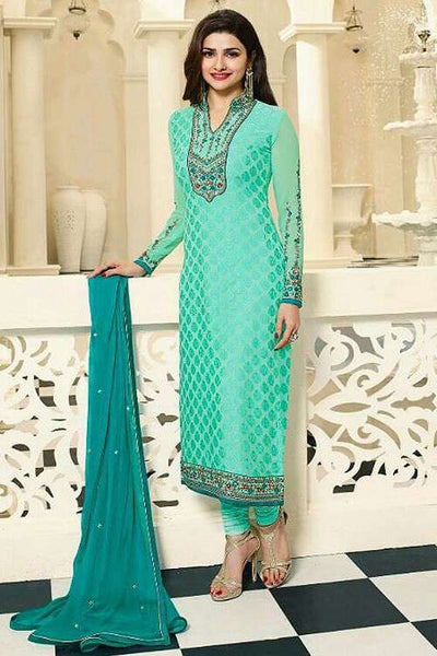 4387 TURQUOISE KASEESH MAGICAL BRASSO STRAIGHT SALWAR KAMEEZ SUIT - Asian Party Wear