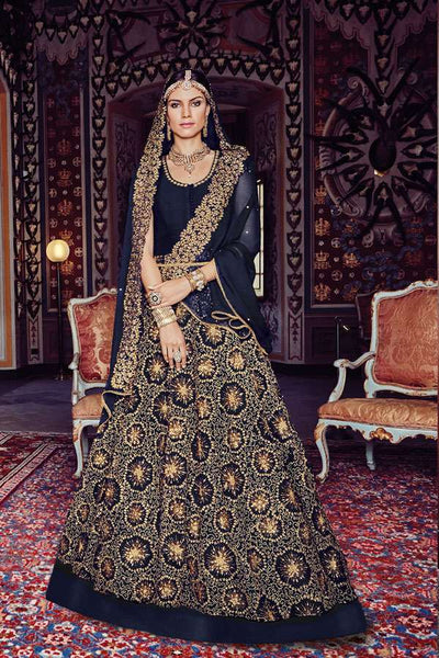 FL-7379 NAVY BLUE FLORAL GRACIA HEAVY EMBROIDERED LEHNGA - Asian Party Wear