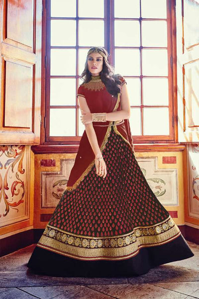 FL-7383 RED FLORAL GRACIA HEAVY EMBROIDERED LEHNGA - Asian Party Wear