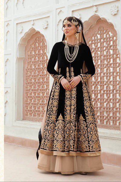 7405 FLORAL MUGHAL BLACK HEAVY EMBROIDERED EID DRESS - Asian Party Wear