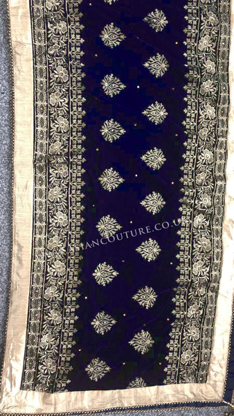 Navy Blue Gold Heavy Embroidered Velvet Shawl - Asian Party Wear
