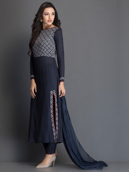 LONG LINE SALWAR KAMEEZ SUIT WITH PRINTED BODICE - Asian Party Wear