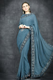 Mosaic Blue Georgette Readymade Floral Embroidered Saree - Asian Party Wear