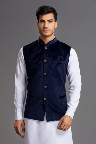 Blue Menswear Waistcoat Indian Nehru Velvet Jacket - Asian Party Wear
