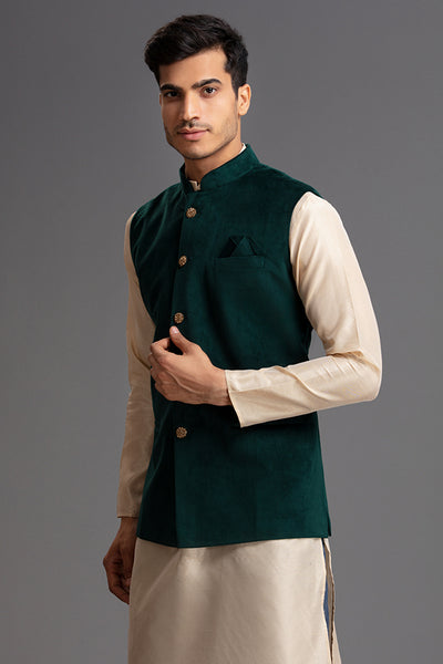 Green Traditional Readymade Menswear Waistcoat - Asian Party Wear
