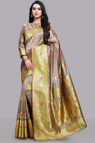 BROWN & GOLD INDIAN DESIGNER WEDDING STYLE BANARASI SAREE - Asian Party Wear