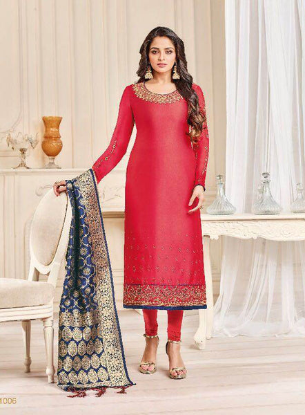 Red Straight Indian Party Wear Churidar Suit - Asian Party Wear