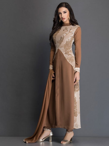 ZAC-11 BROWN LONG DRESS WITH JACKET STYLE LAYERED BODICE (READY MADE) - Asian Party Wear