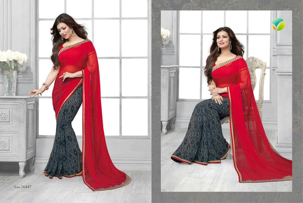 16447 Red With Black Vinay Sheesha Star Walk Saree - Asian Party Wear