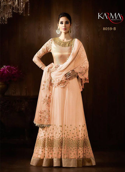 8059-B PEACH KARMA HEAVY GOLD EMBROIDERED WEDDING WEAR GOWN - Asian Party Wear