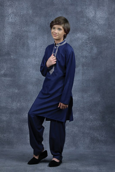 Navy Blue Pakistani Boys Kurta Shalwar Kids Suit - Asian Party Wear
