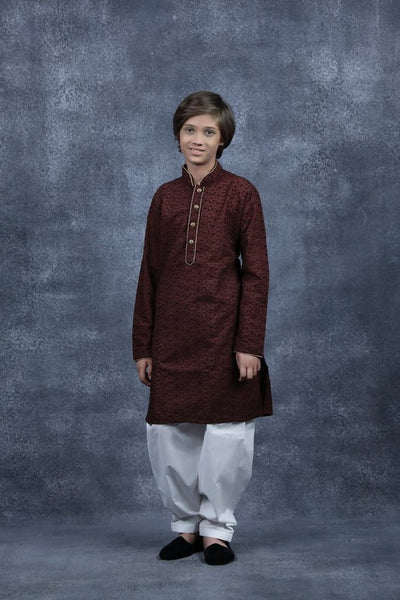 Dark Maroon Embroidered Eid Kurta For Boys Designer Boyswear - Asian Party Wear