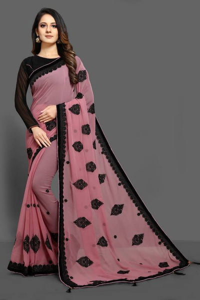 ZAC20-30 ROSE PINK & BLACK INDIAN PARTY FESTIVE SAREE - Asian Party Wear