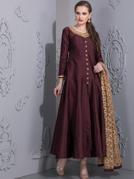 AC-76 PLUM KALIDAAR EMBROIDERED READY MADE DRESS - Asian Party Wear