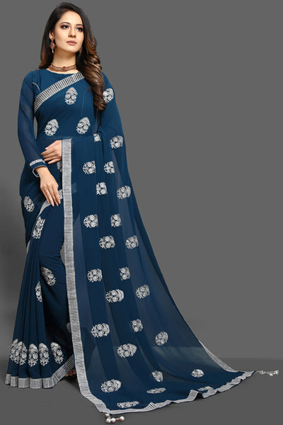 ZAC20-22 CLASSIC BLUE INDIAN PARTY WEAR SAREE - Asian Party Wear