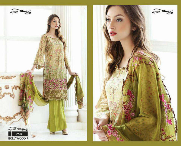 2613 GREEN BOLLYWOOD 3 BY YOUR CHOICE PAKISTANI COTTON SALWAR KAMEEZ - Asian Party Wear