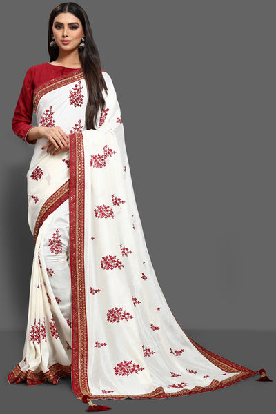 FLAMED SCARLET & OFFWHITE DESIGNER PARTY SAREE - Asian Party Wear