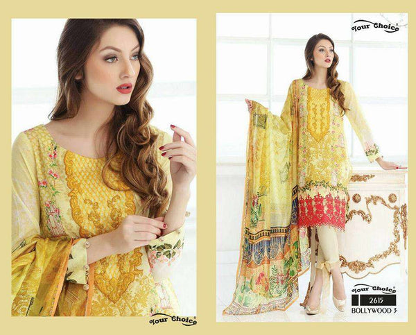 2615 YELLOW BOLLYWOOD 3 BY YOUR CHOICE PAKISTANI COTTON SALWAR KAMEEZ - Asian Party Wear
