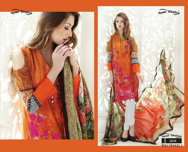 2614 ORANGE AND RED BOLLYWOOD 3 BY YOUR CHOICE PAKISTANI COTTON SALWAR KAMEEZ - Asian Party Wear