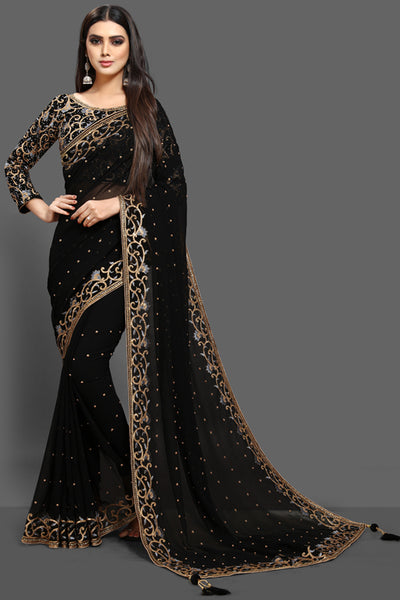 ZAC20-09 BLACK EVENING WEAR DRAPE EMBROIDERED BLOUSE SAREE - Asian Party Wear