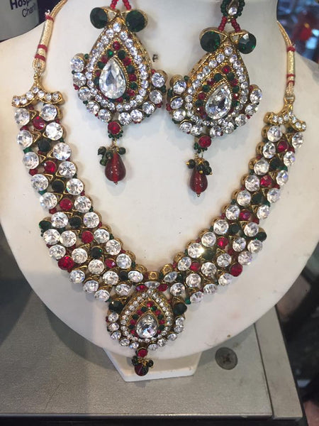 INDIAN WEDDING BRIDAL DIAMONTE NECKLACE AND EARRING SET - Asian Party Wear