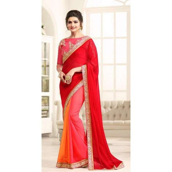 17702 PINK AND RED KASEESH PRACHI GEORGETTE SAREE WITH HEAVY EMBROIDERED BLOUSE - Asian Party Wear